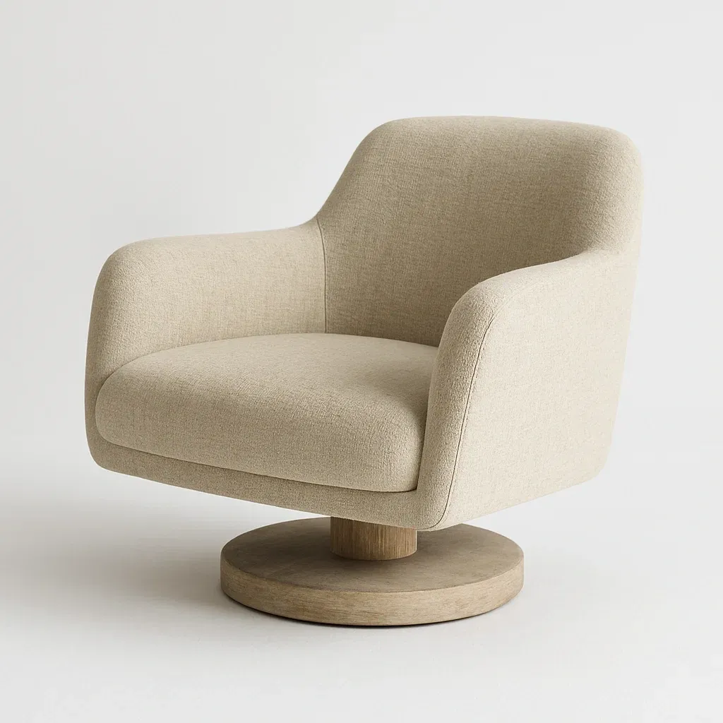 Poltrona girevole in tessuto con base rotonda in legno-Snoozinova