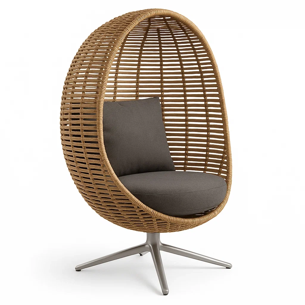 Sedia a uovo autoportante in rattan sintetico e acciaio con cuscini-Snoozinova