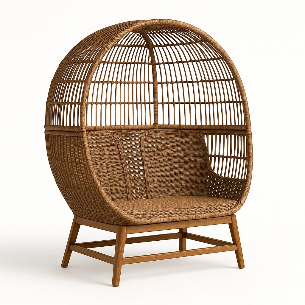 Sedia a uovo doppia in rattan e legno-Snoozinova