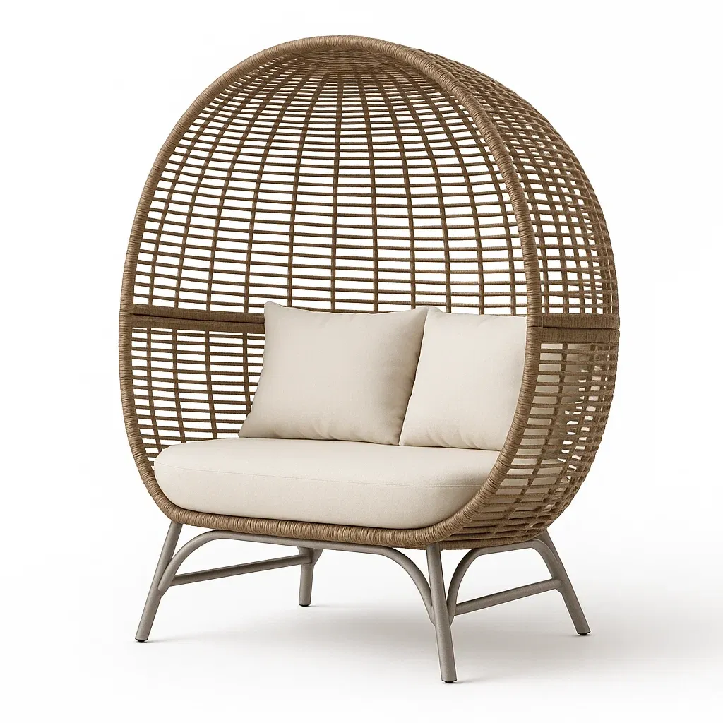 Sedia a uovo doppia in rattan con cuscini in tessuto-Snoozinova