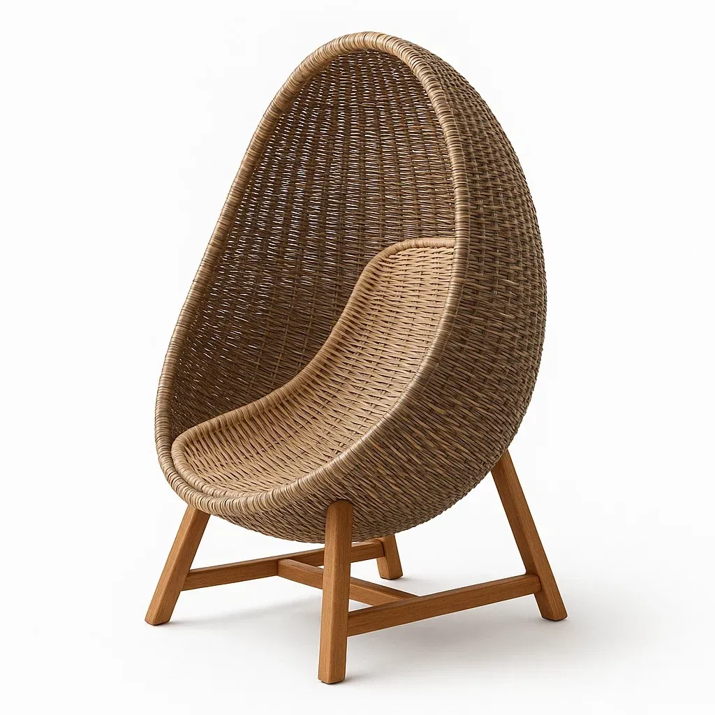 Sedia a uovo in rattan intrecciato e legno massello-Snoozinova