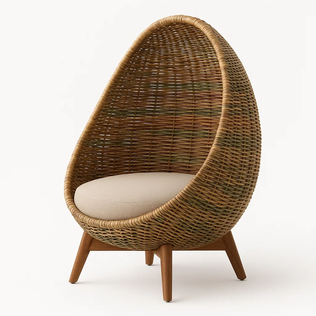 Sedia a uovo in rattan con gambe in legno e cuscino-Snoozinova