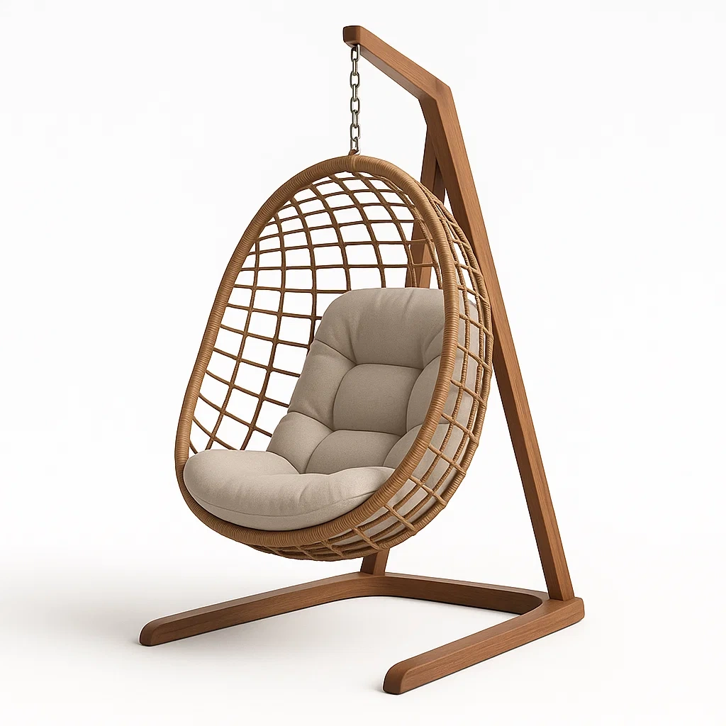 Sedia a uovo sospesa in legno e rattan con cuscino in tessuto-Snoozinova