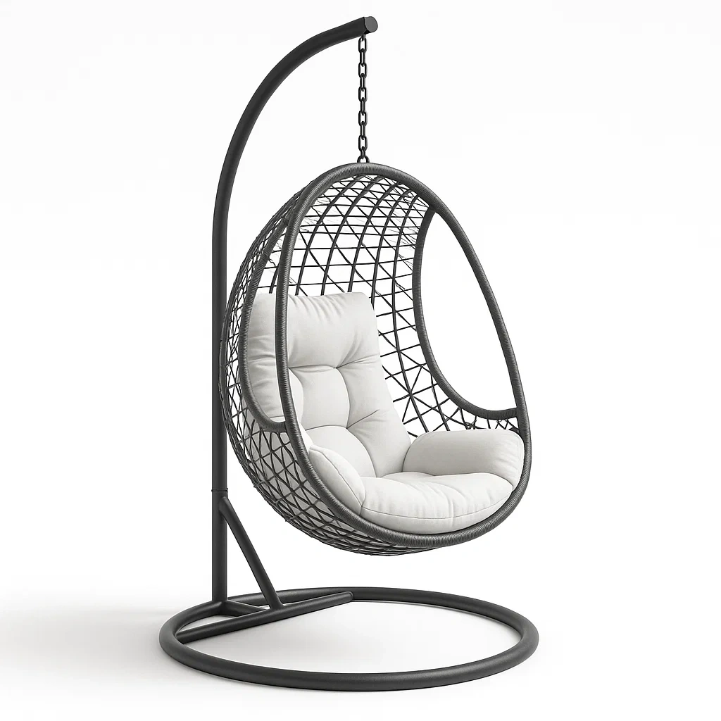 Sedia a uovo sospesa in acciaio e rattan sintetico con cuscino-Snoozinova