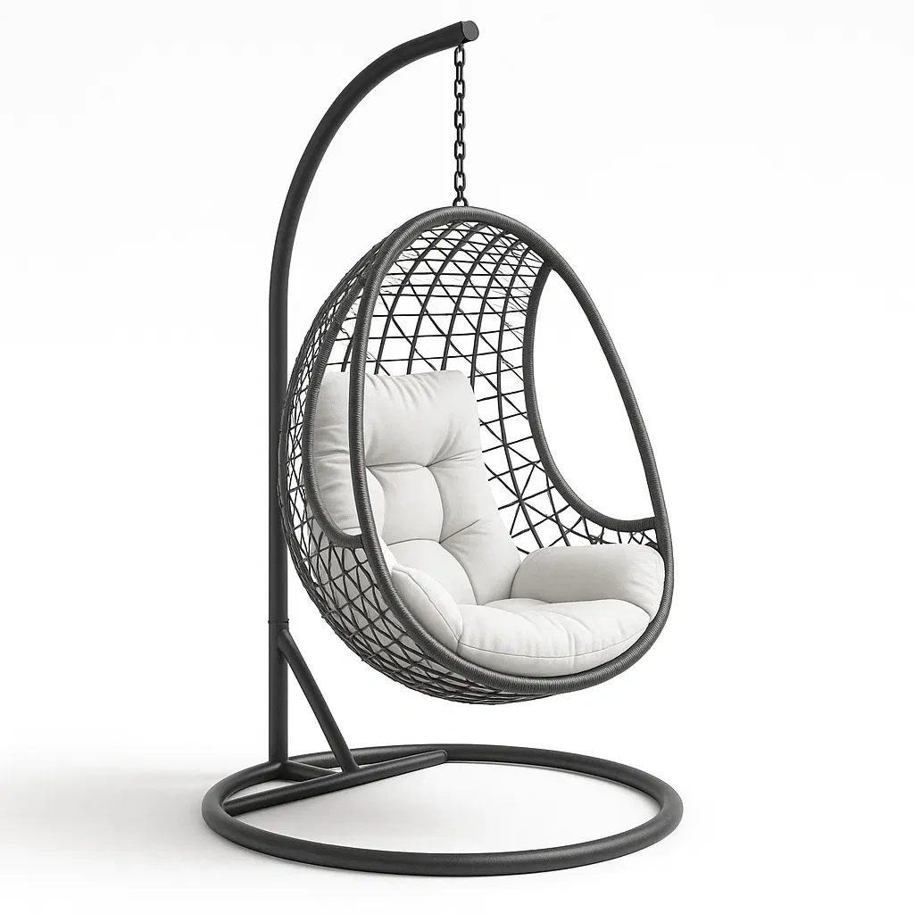 Sedia a uovo sospesa in acciaio e rattan sintetico con cuscino-Snoozinova