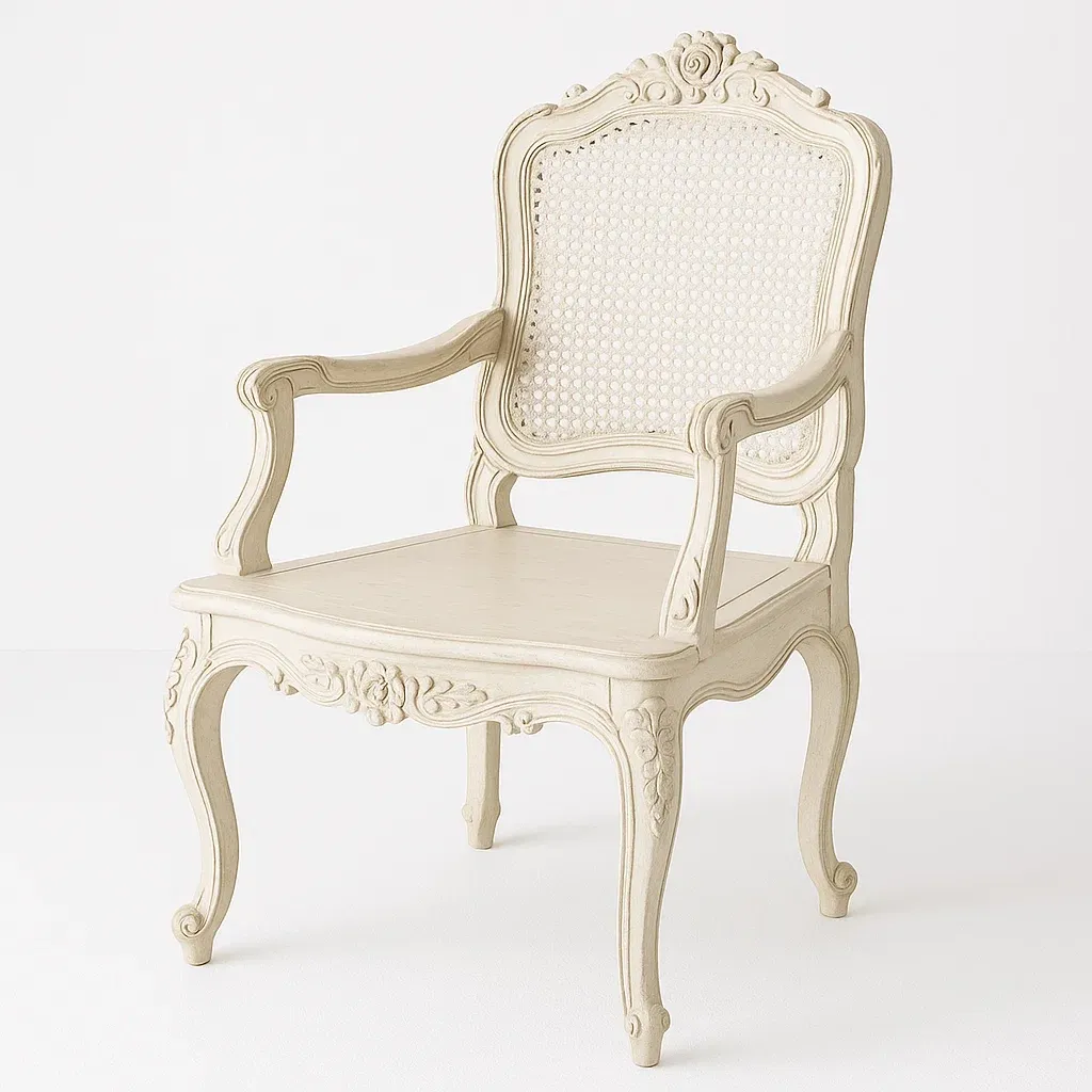 Poltrona in legno intagliato con schienale in rattan-Snoozinova