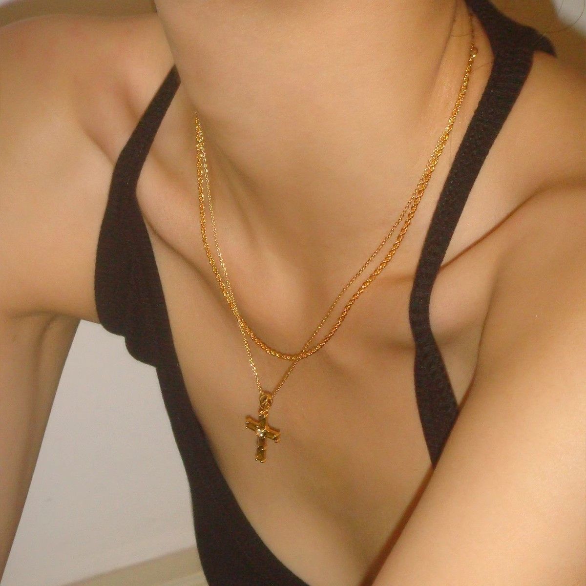 Gold Double - Layered Cross Necklace