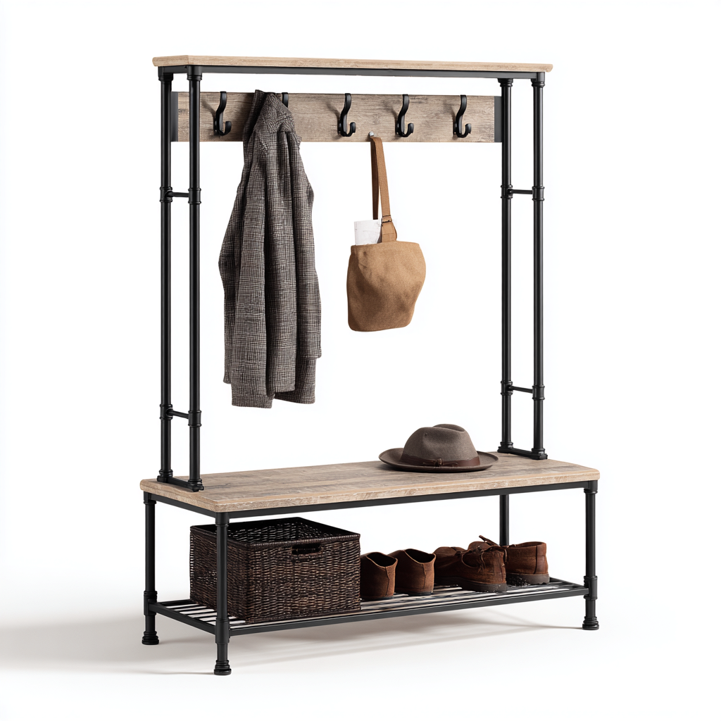 Porte manteau-métal-bois-124x43x175 cm-noir-bois-industriel-Styleero