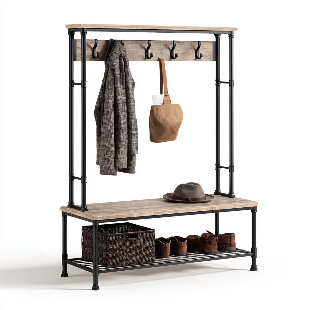 Porte manteau-métal-bois-124x43x175 cm-noir-bois-industriel-Styleero