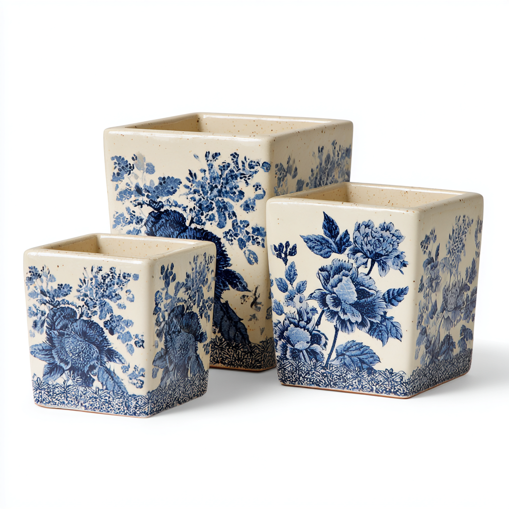 Pots-ceramique-31x22x29cm - 25x18x24cm - 18x14x17cm-blanc-bleu-style classique-Styleero