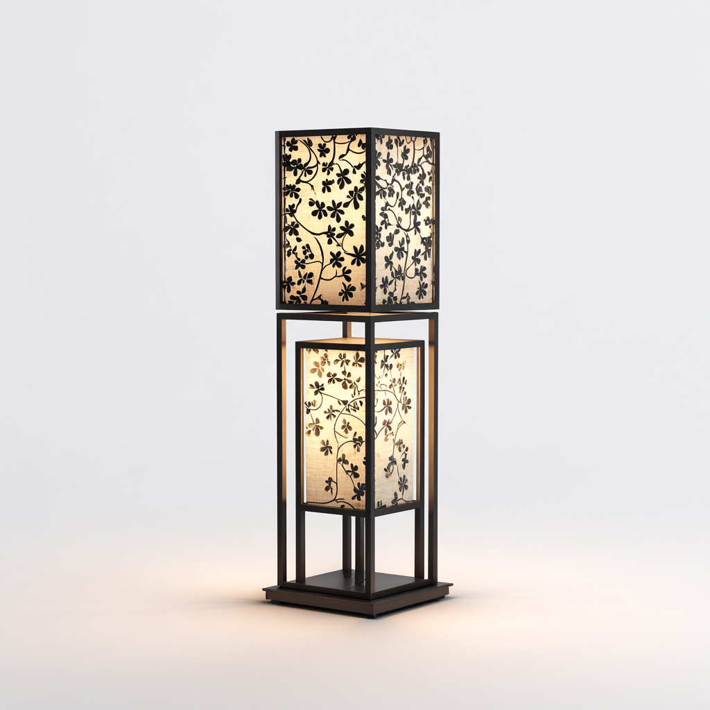 Lampadaire-bois-papier-tissu-34x34x120 cm-bois-noir-beige-oriental-Styleero