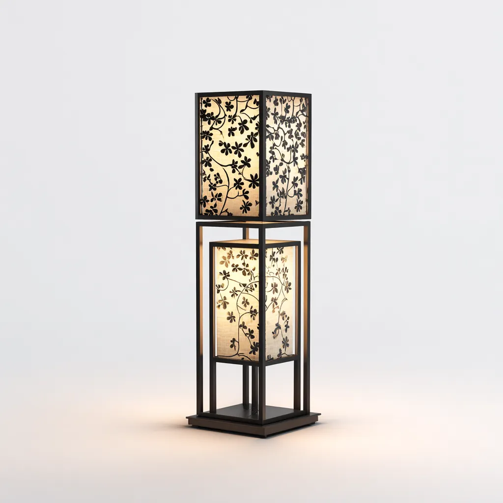 Lampadaire-bois-papier-tissu-34x34x120 cm-bois-noir-beige-oriental-Styleero