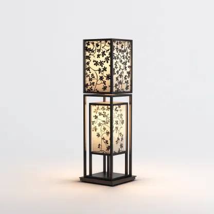 Lampadaire-bois-papier-tissu-34x34x120 cm-bois-noir-beige-oriental-Styleero