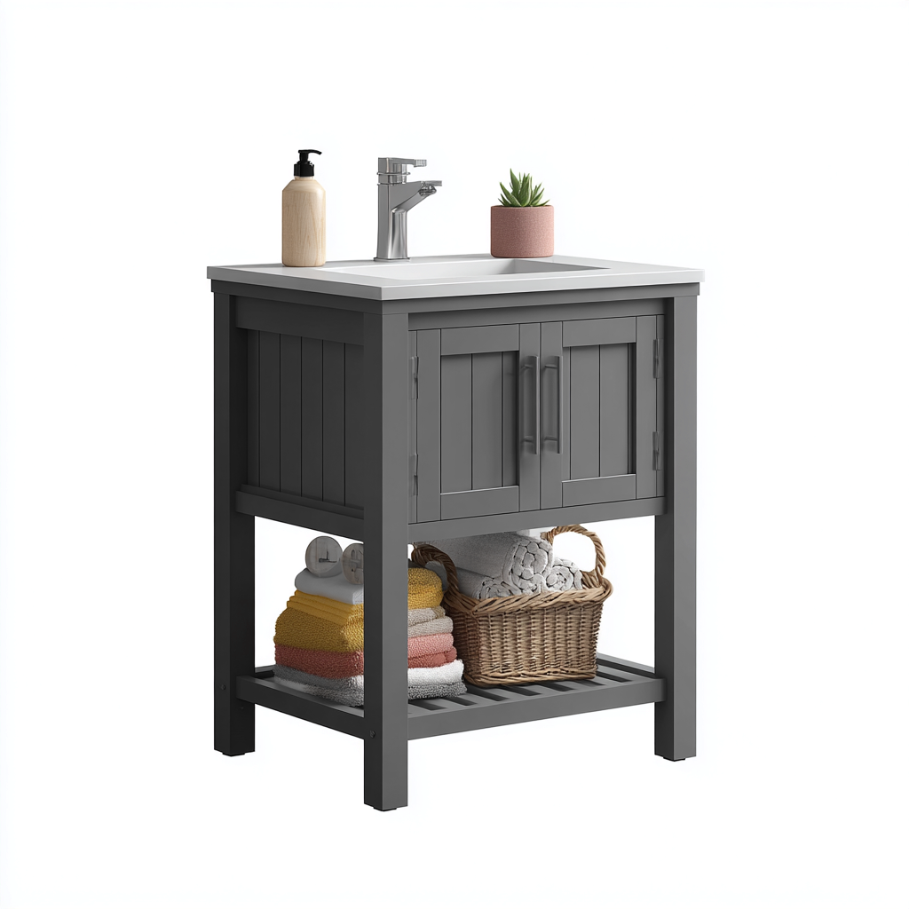 Meuble vasque - bois-résine composite - 68x46x88 cm - gris-blanc - style rustique-Styleero