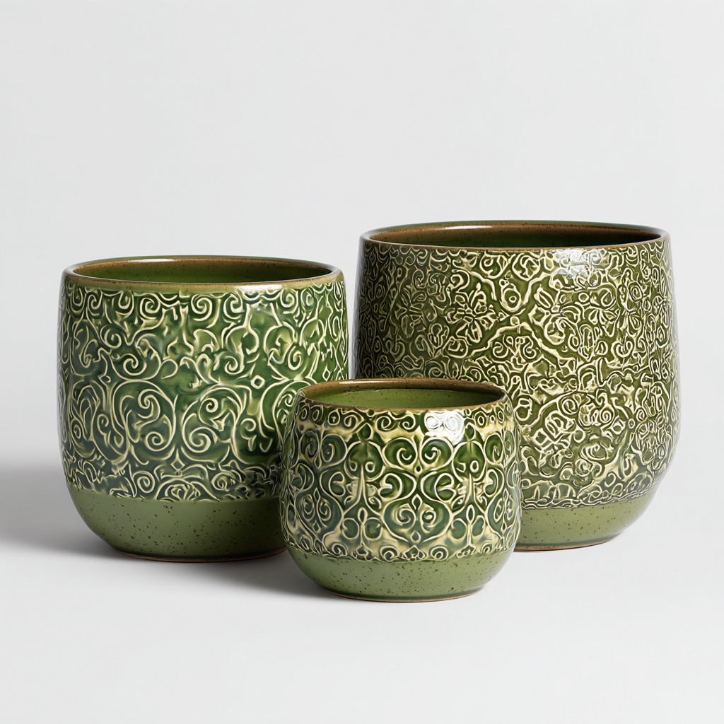 Pots - céramique - 26x26x28cm - 21x21x24cm - 17x17x19cm - vert - motif ornemental moderne-Styleero