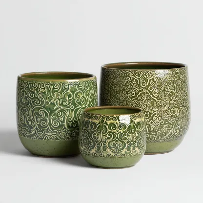 Pots - céramique - 26x26x28cm - 21x21x24cm - 17x17x19cm - vert - motif ornemental moderne-Styleero