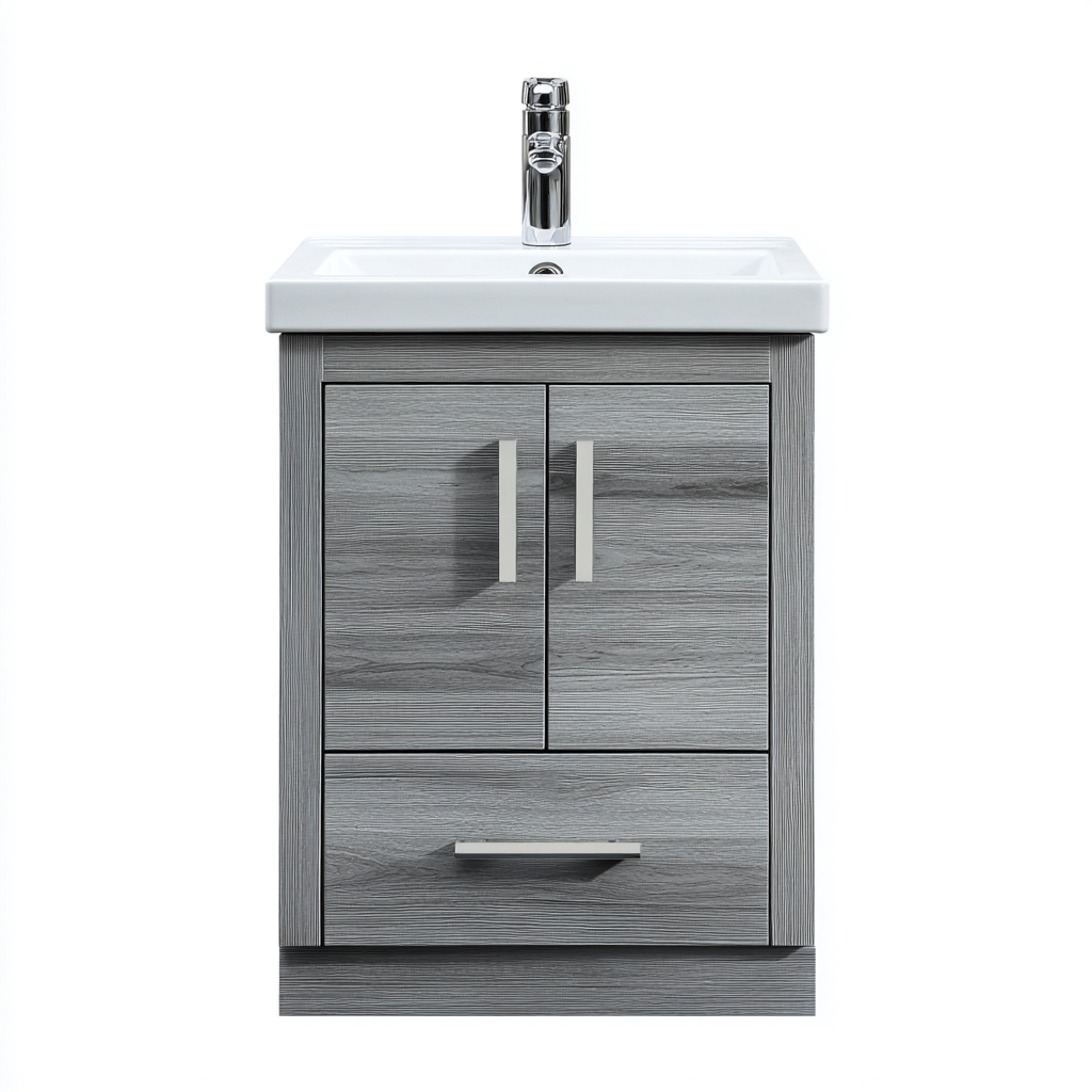 Meuble vasque - bois-céramique - 60x45x82 cm - gris bois-blanc - style moderne-Styleero