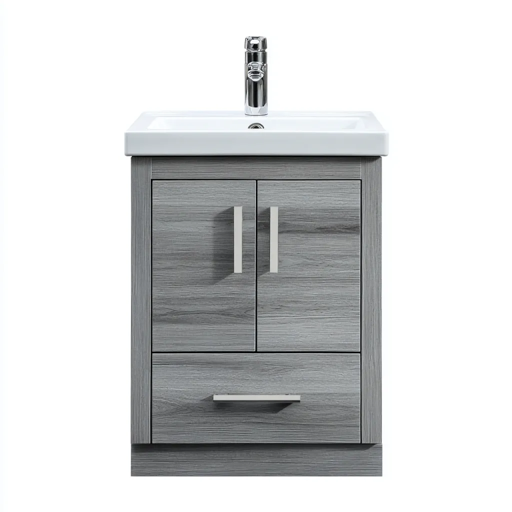 Meuble vasque - bois-céramique - 60x45x82 cm - gris bois-blanc - style moderne-Styleero