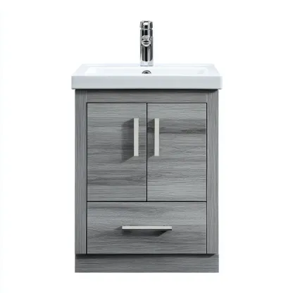 Meuble vasque - bois-céramique - 60x45x82 cm - gris bois-blanc - style moderne-Styleero