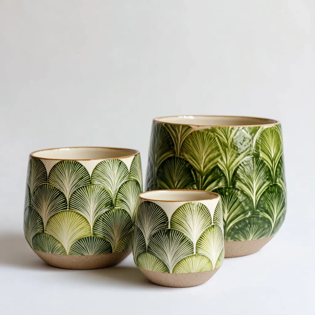 Pots - céramique - 23x23x24cm - 19x19x20cm - 15x15x17cm - vert-blanc - motif feuille naturel-Styleero