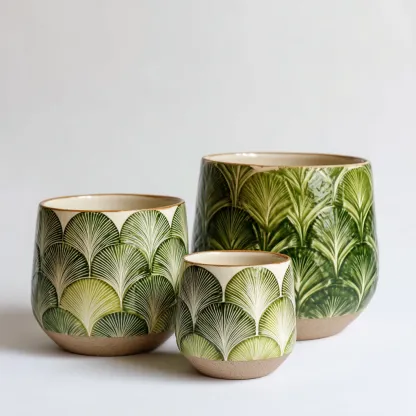 Pots - céramique - 23x23x24cm - 19x19x20cm - 15x15x17cm - vert-blanc - motif feuille naturel-Styleero