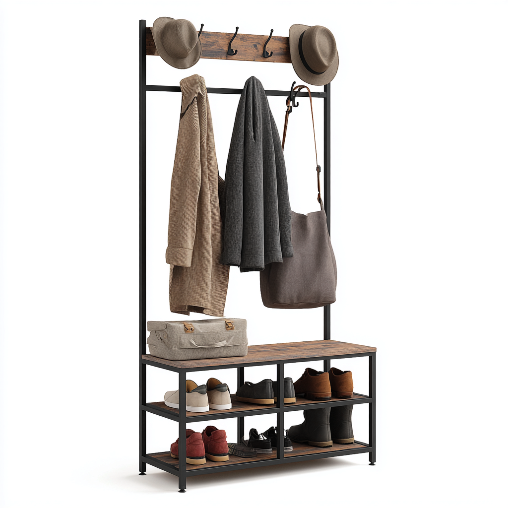 Porte manteau-métal-bois-128x40x186 cm-noir-bois-industriel-Styleero