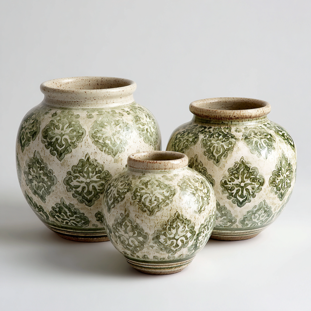 Pots-ceramique-32x32x34cm - 26x26x28cm - 18x18x20cm-blanc-vert-style traditionnel-Styleero