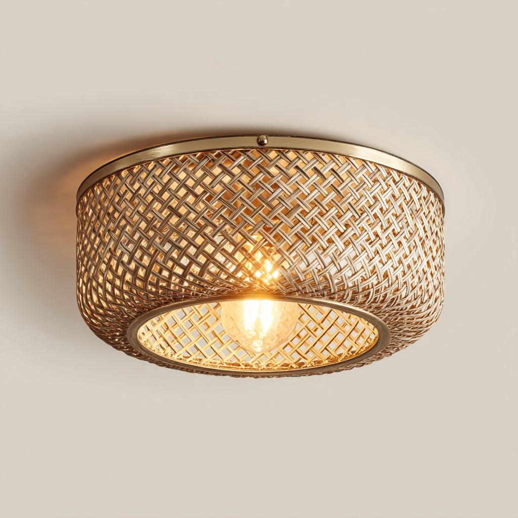 Plafonnier-metal-tissage-rotin-28x28x14 cm-dore-style-boheme-Styleero