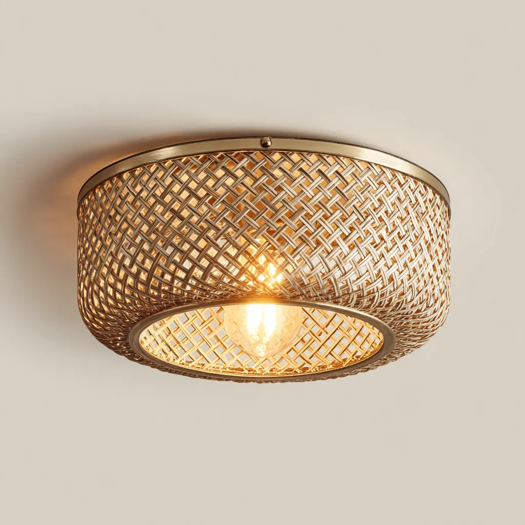 Plafonnier-metal-tissage-rotin-28x28x14 cm-dore-style-boheme-Styleero