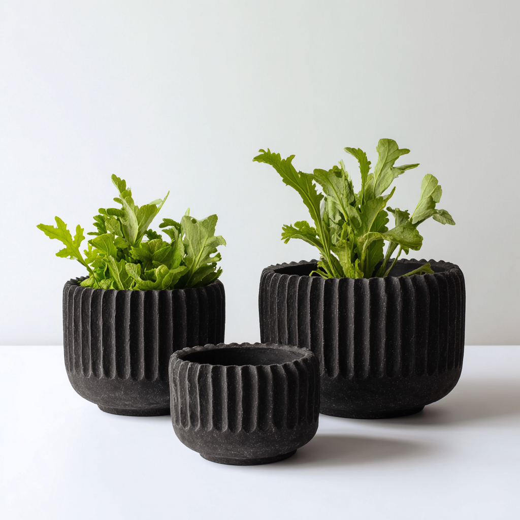 Pots-céramique-28x28x23cm - 23x23x20cm - 17x17x14cm-noir-design moderne-Styleero
