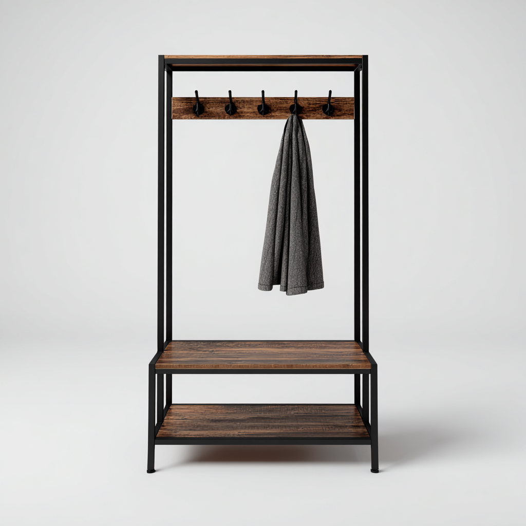 Porte manteau-métal-bois-112x38x168 cm-noir-bois-industriel-Styleero