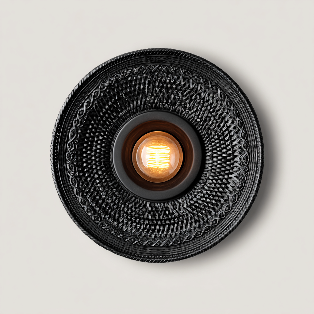 Plafonnier-metal-tissage-rotin-30x30x12 cm-noir-style-boheme-Styleero