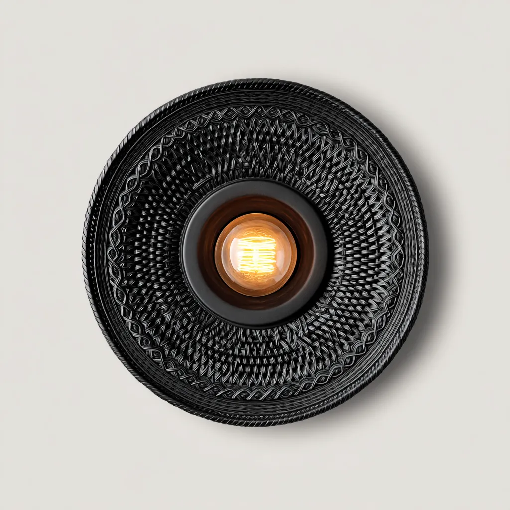 Plafonnier-metal-tissage-rotin-30x30x12 cm-noir-style-boheme-Styleero