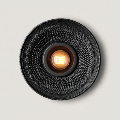 Plafonnier-metal-tissage-rotin-30x30x12 cm-noir-style-boheme-Styleero