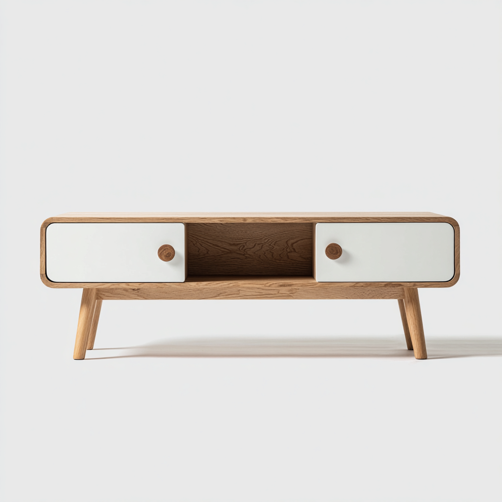 Meuble TV - chêne-massif-MDF - 142x39x50 cm - Bois naturel-Blanc - style scandinave-Styleero