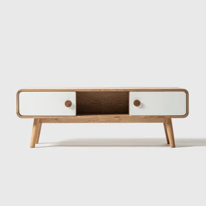 Meuble TV - chêne-massif-MDF - 142x39x50 cm - Bois naturel-Blanc - style scandinave-Styleero