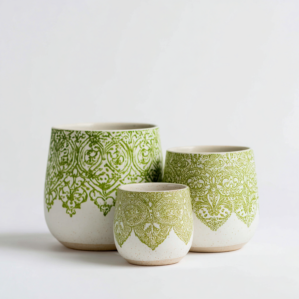 Pots-ceramique-28x28x30cm - 22x22x25cm - 15x15x17cm-blanc-vert-style traditionnel-Styleero