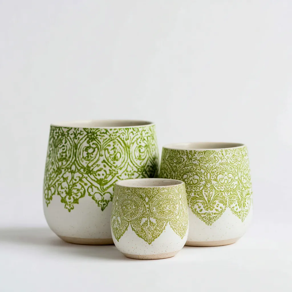 Pots-ceramique-28x28x30cm - 22x22x25cm - 15x15x17cm-blanc-vert-style traditionnel-Styleero
