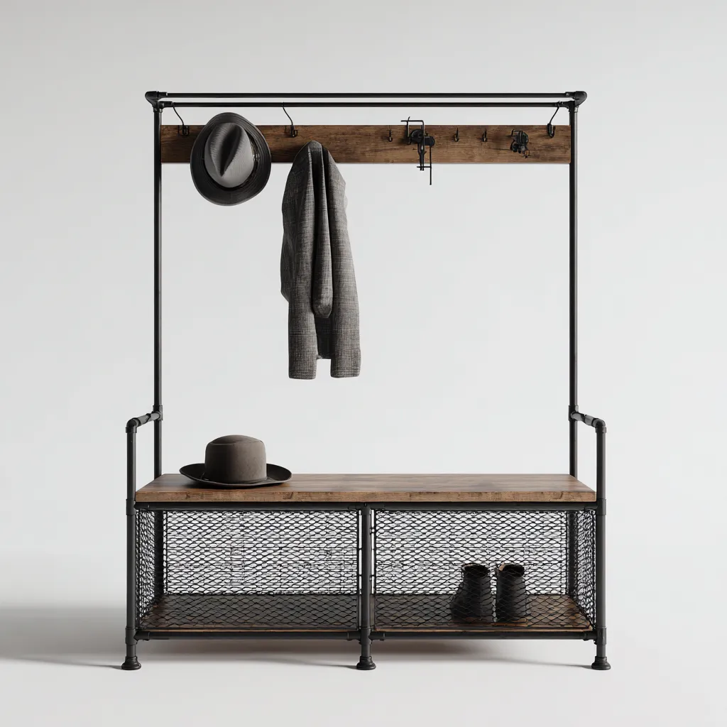 Porte manteau-métal-bois-129x45x185 cm-noir-bois-industriel-Styleero