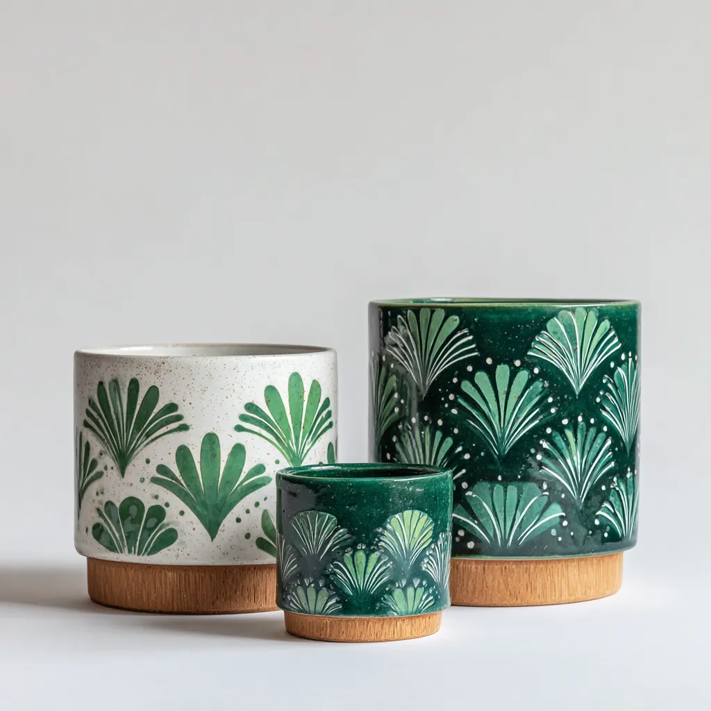 Pots-céramique-20x20x19cm - 16x16x15cm - 10x10x11cm-vert-blanc-marron-design moderne-Styleero