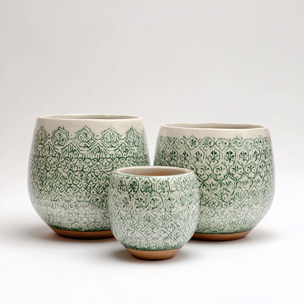 Pots - céramique - 22x22x25cm - 18x18x21cm - 14x14x17cm - vert-blanc - motif feuille décoratif-Styleero