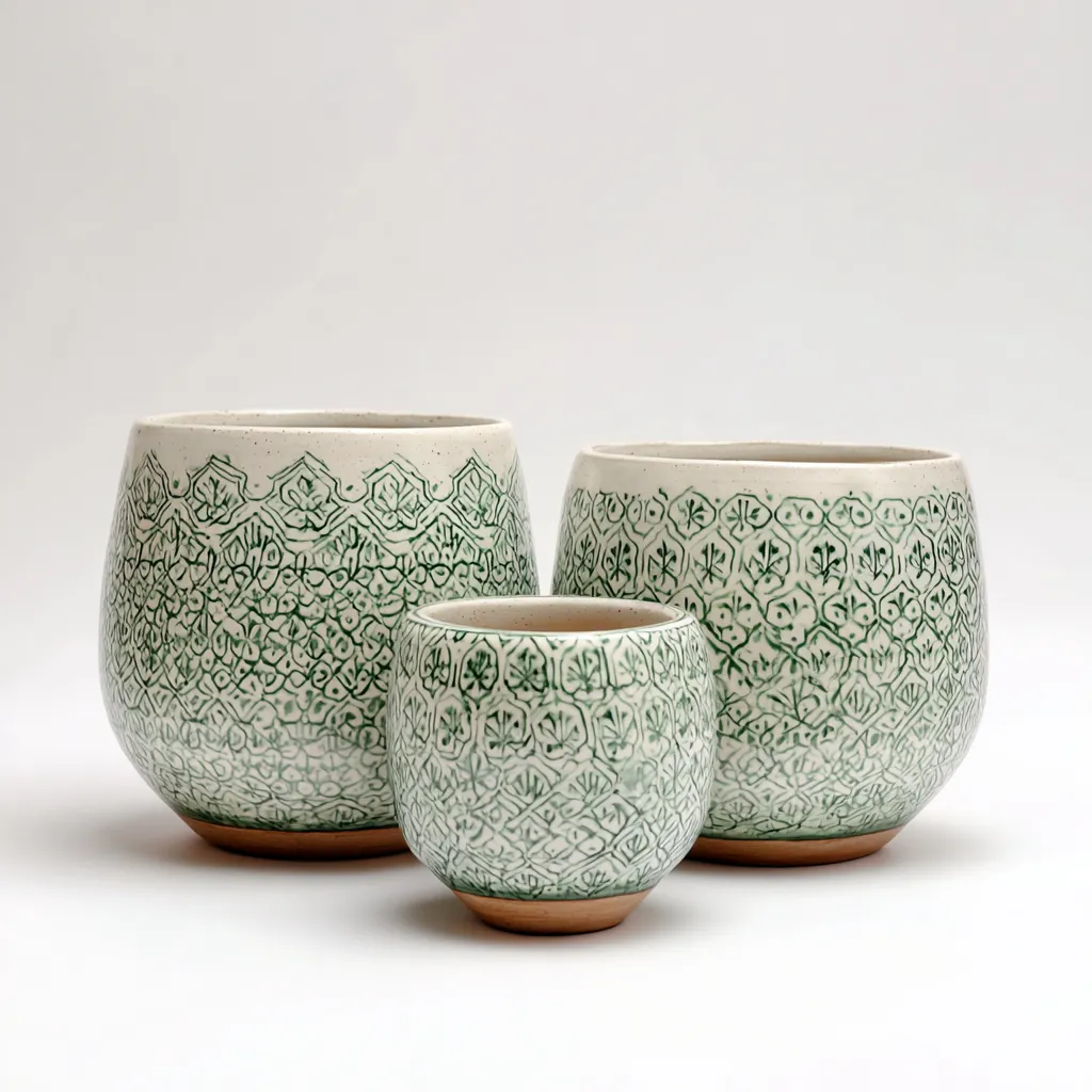 Pots - céramique - 22x22x25cm - 18x18x21cm - 14x14x17cm - vert-blanc - motif feuille décoratif-Styleero