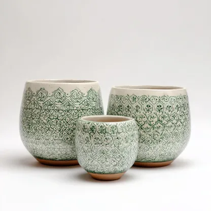 Pots - céramique - 22x22x25cm - 18x18x21cm - 14x14x17cm - vert-blanc - motif feuille décoratif-Styleero