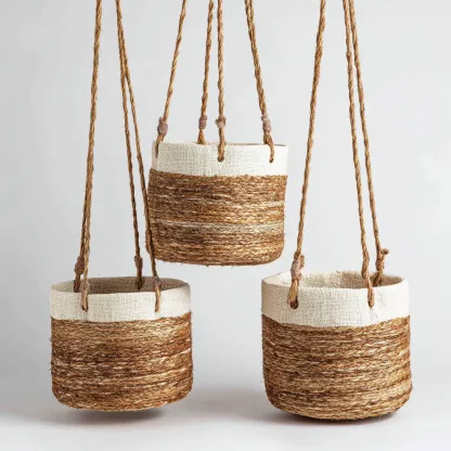 Pots-paille-25x25x27cm - 20x20x23cm - 16x16x19cm-blanc-marron-design naturel-Styleero