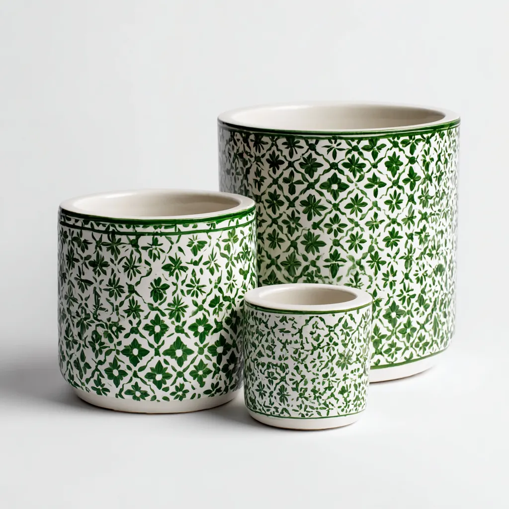 Pots-céramique-30x30x28cm - 24x24x22cm - 14x14x13cm-blanc-vert-style moderne-Styleero
