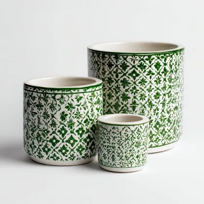 Pots-céramique-30x30x28cm - 24x24x22cm - 14x14x13cm-blanc-vert-style moderne-Styleero