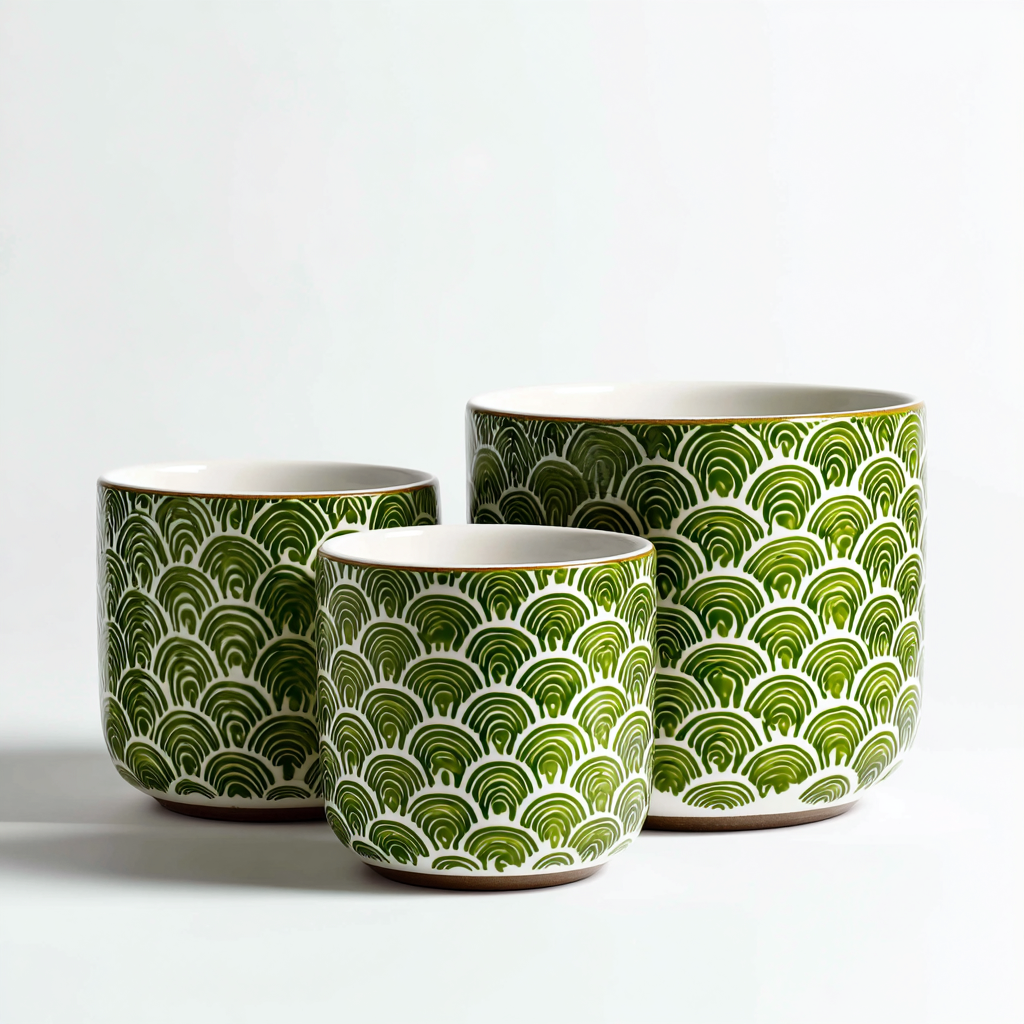 Pots-céramique-28x28x26cm - 22x22x21cm - 14x14x13cm-blanc-vert-style moderne-Styleero