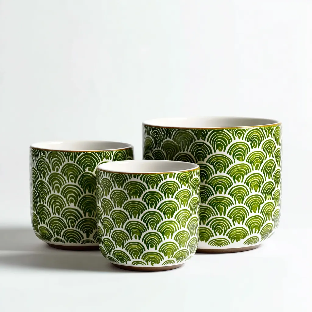 Pots-céramique-28x28x26cm - 22x22x21cm - 14x14x13cm-blanc-vert-style moderne-Styleero