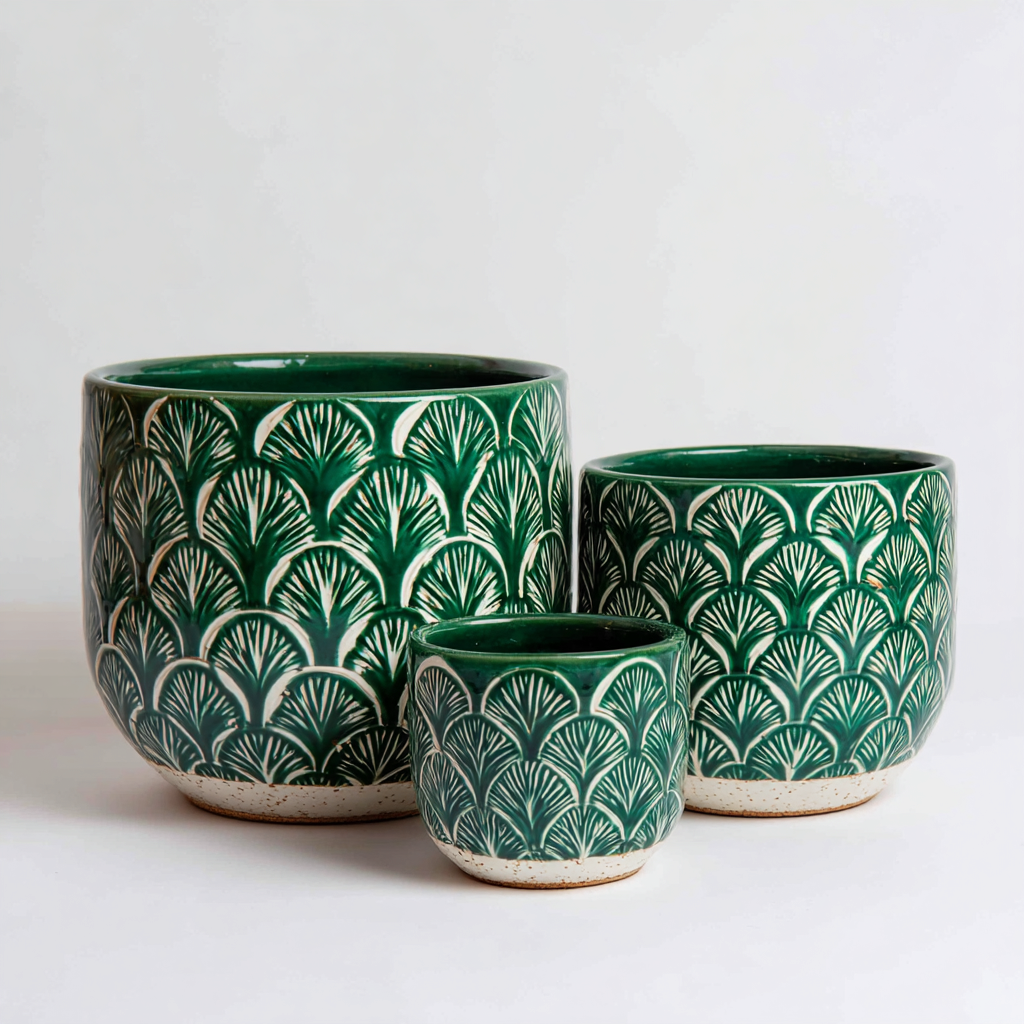 Pots-céramique-23x23x22cm - 18x18x17cm - 12x12x11cm-vert-blanc-design moderne-Styleero