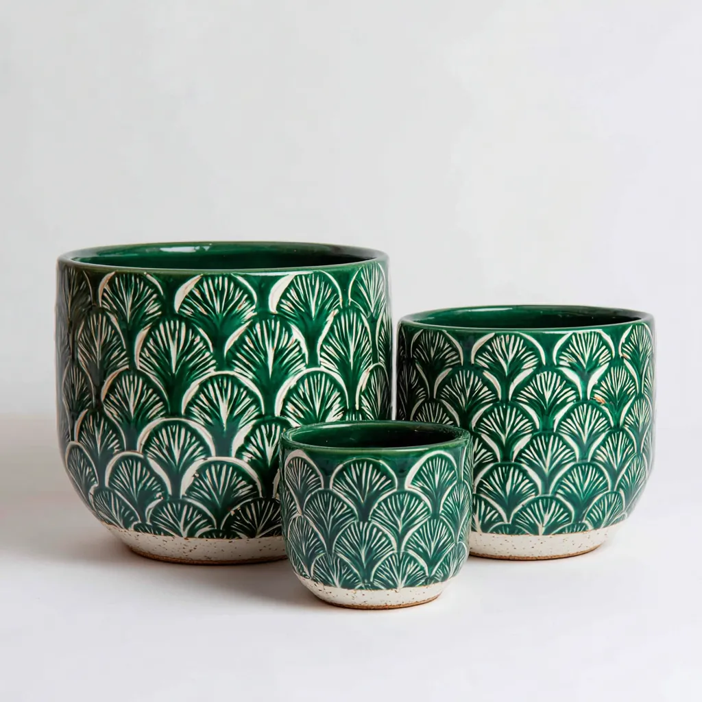Pots-céramique-23x23x22cm - 18x18x17cm - 12x12x11cm-vert-blanc-design moderne-Styleero